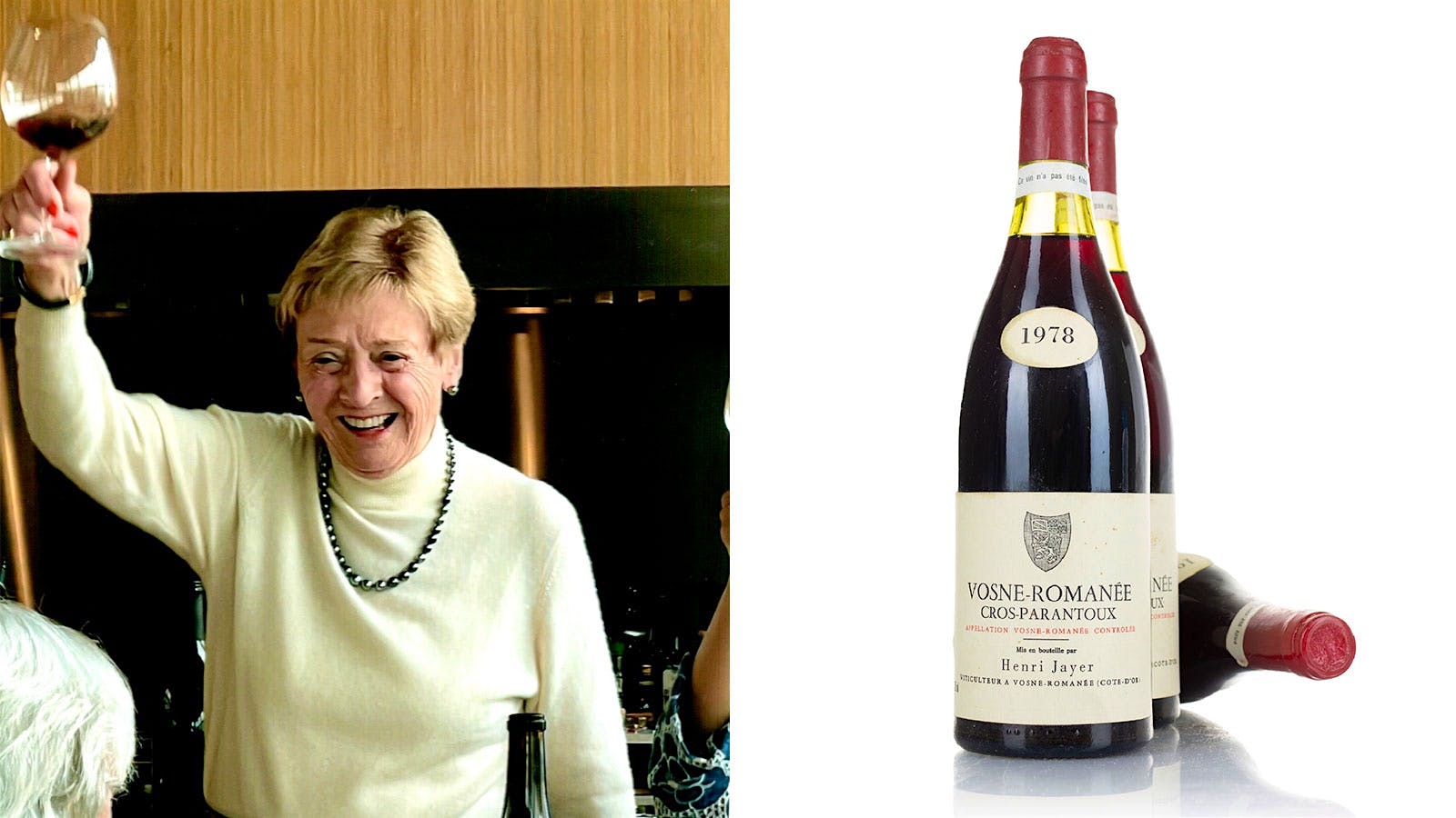 Composite image of Martine Saunier next to bottles of Henri Jayer Burgundy wine