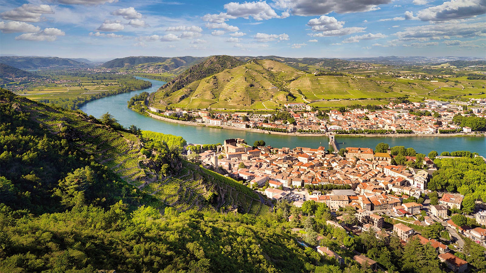 Aerial view of the town of Tain-l’Hermitage and adjacent Hermitage vineyards in the Northern Rhône Valley, France
