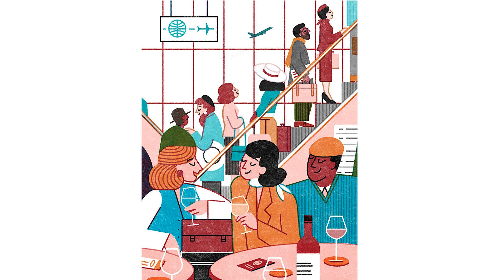 An illustration of people drinking wine at an airport lounge