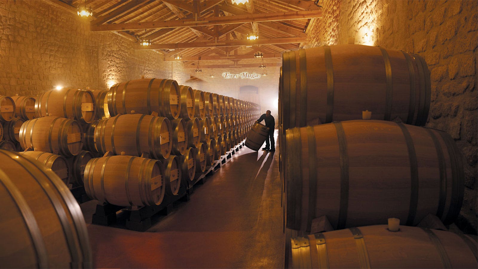 A barrel room of Bodegas Muga in Rioja, Spain