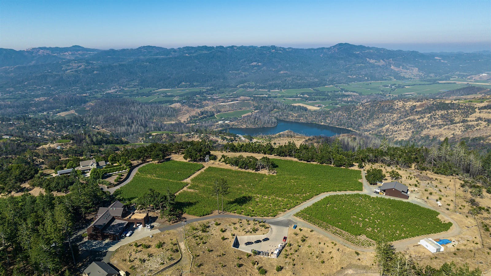 Aerial view of the Arkenstone estate and vineyards, owned by the Krausz family, in Howell Mountain, California